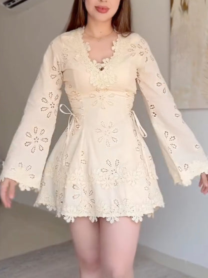 Cream Lace Eyelet Mini Dress