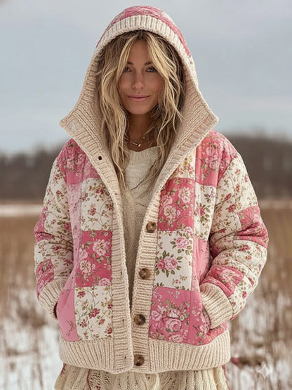 Women's Retro Floral Patchwork Comfortable Hooded Knitted Sweater