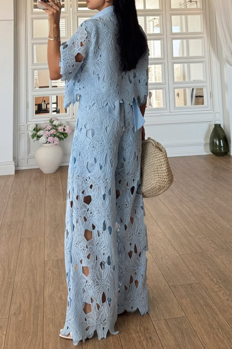 Floral Lace Shirt Wide Leg Pants Two-Piece Set