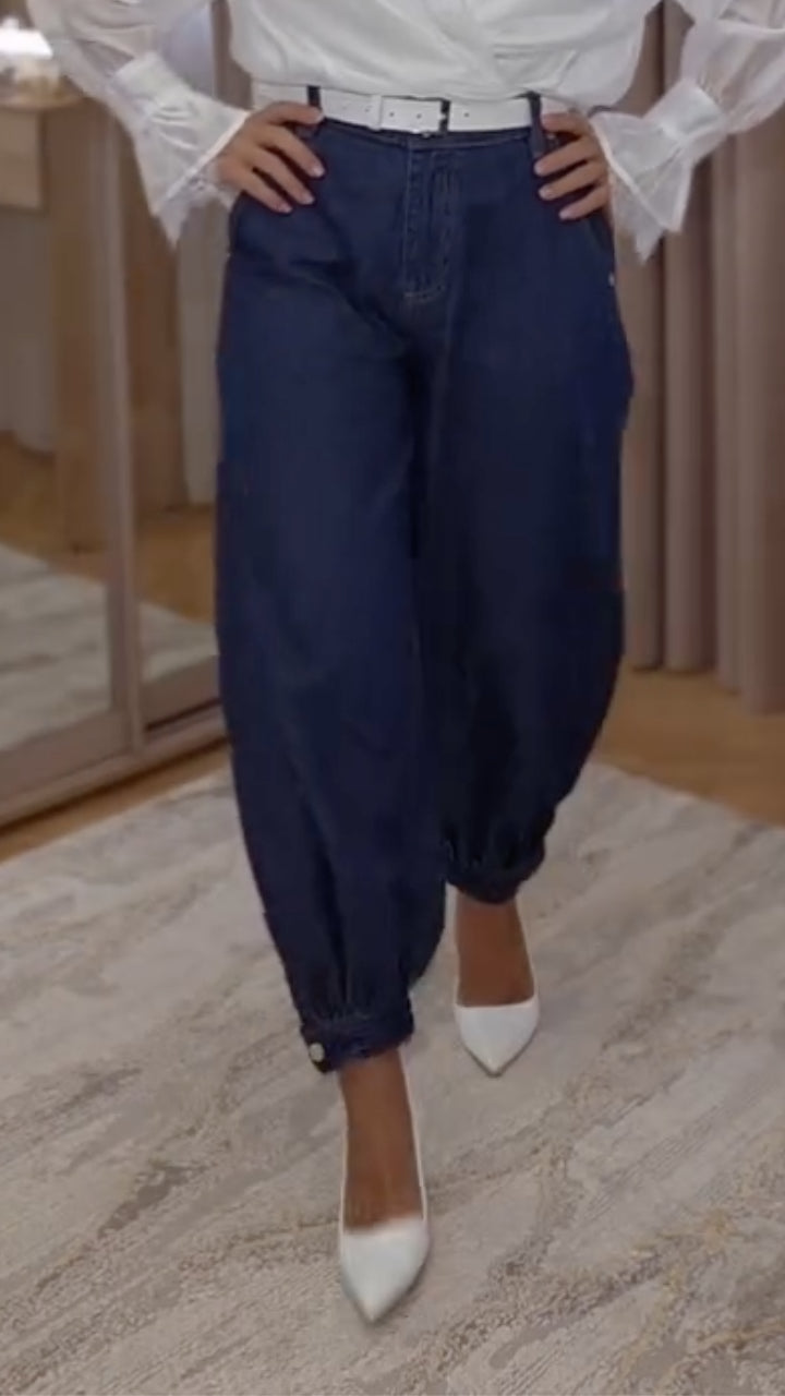 Sheer Surplice Ruffle Top &  Denim Jogger Pants Set