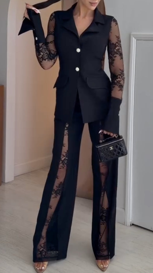 Lace‑Insert Blazer & Cutout Wide Leg Pants Co‑Ord Set