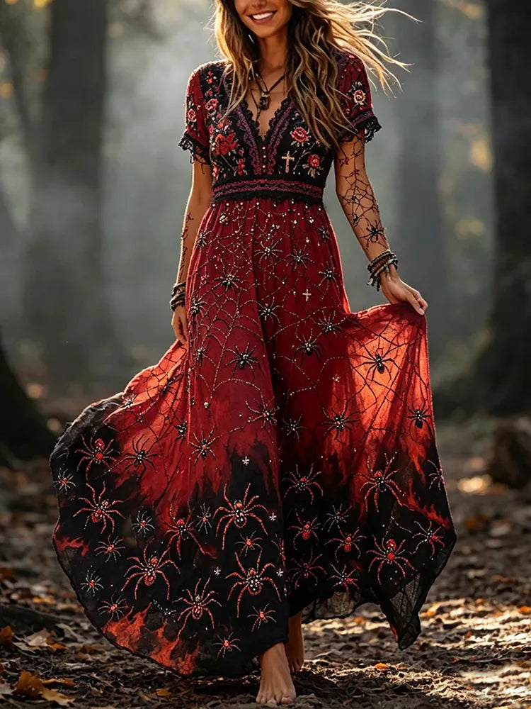 Halloween Spider And Floral Embroidery Art Gradient V-neck Short Sleeve Large Flare Dress