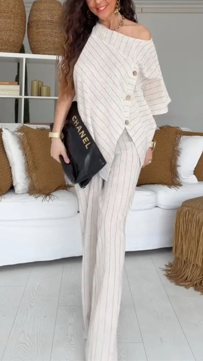 Linen Pinstripe Asymmetric Top & Wide Leg Pants Co‑Ord Set