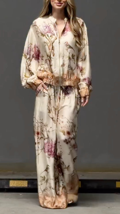 Women's Round-Neck, Cropped, Printed Casual Set