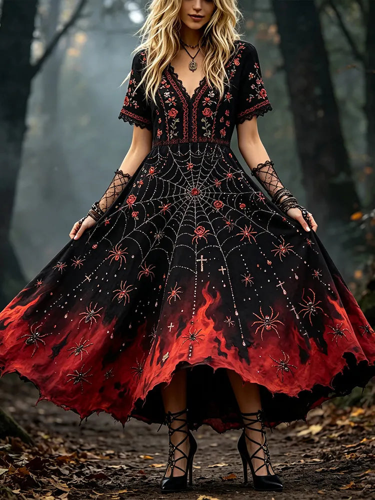 Women's Halloween Spider And Flame Art Distressed V-neck Short Sleeve Dress
