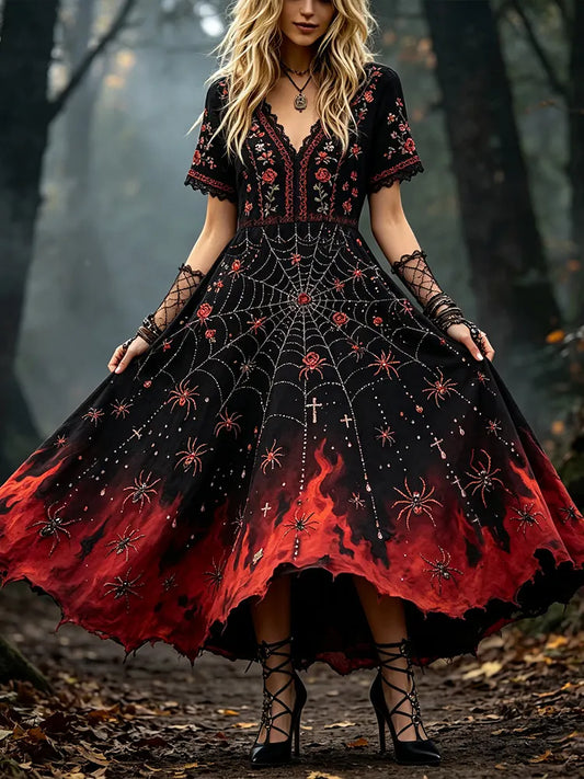 Women's Halloween Spider And Flame Art Distressed V-neck Short Sleeve Dress