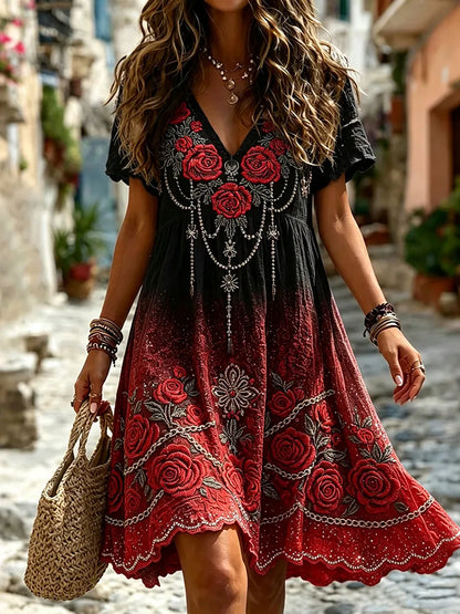 Vintage Rose And Rhinestone Art V-neck Short Sleeve Casual Dress