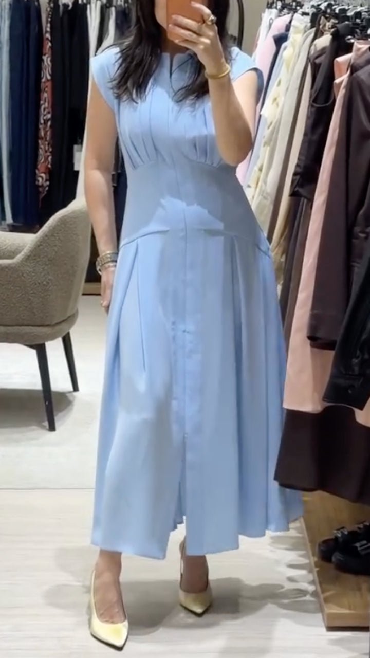 Stand Collar Cap Sleeve Pleated Front Split Midi Dress