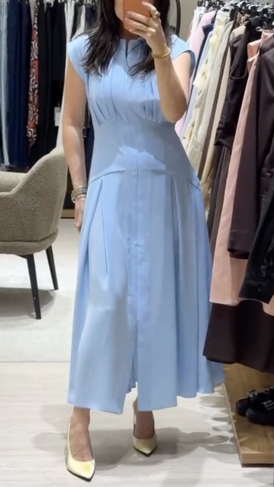 Stand Collar Cap Sleeve Pleated Front Split Midi Dress
