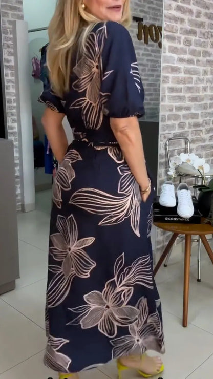 Navy Floral Wrap Midi Dress