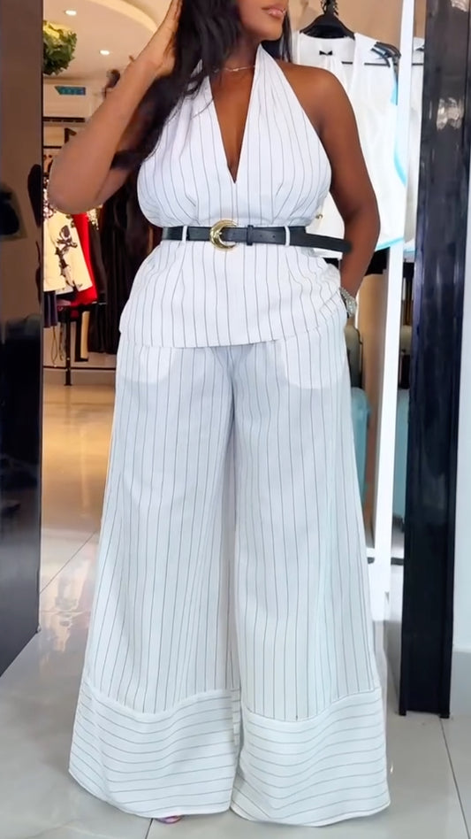 White Pinstripe Halter Neck Top & Wide Leg Pants Set