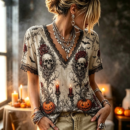 Women's Dark Rose Skull Bat Design V-neck Cotton Linen T-shirt