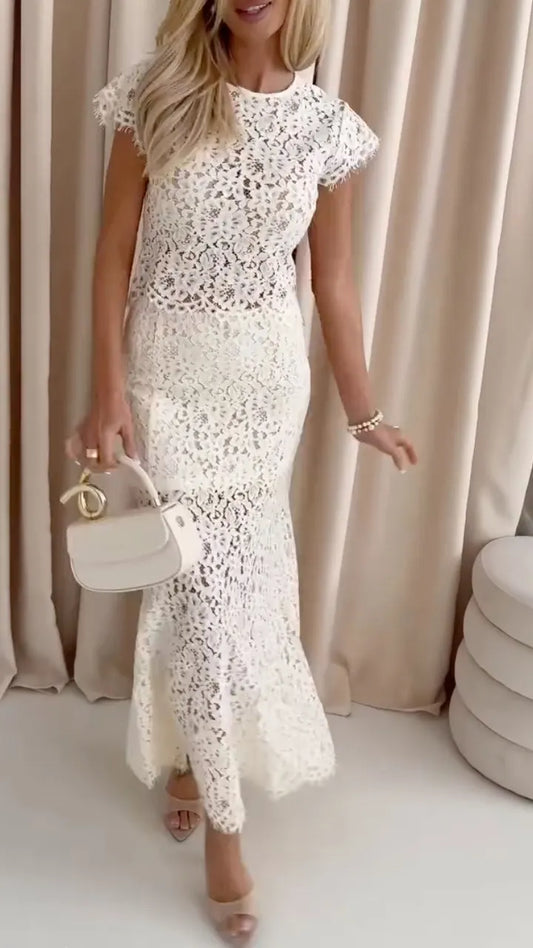Cream Lace Top & Midi Skirt Co-Ord Set