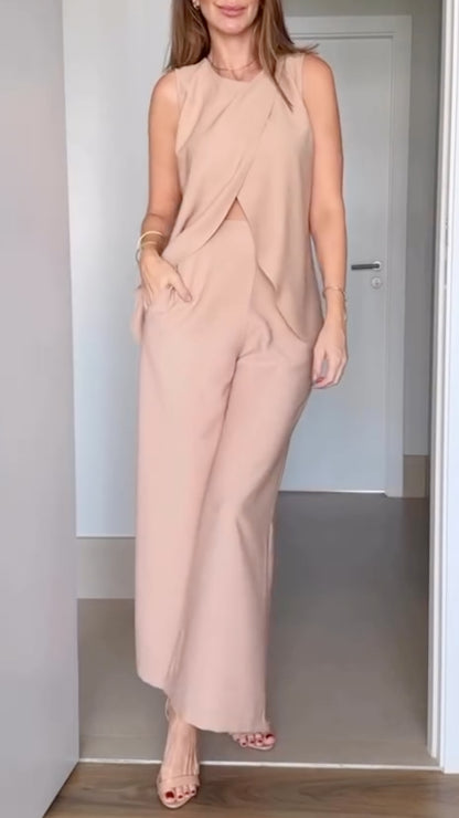 Nude Sleeveless Cutout Top Wide Leg Pants Set