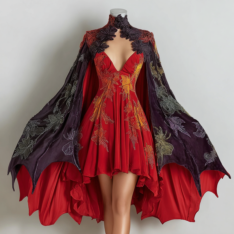 Women's Halloween Bat Wing Sleeve Contrast Cape Dress cca6