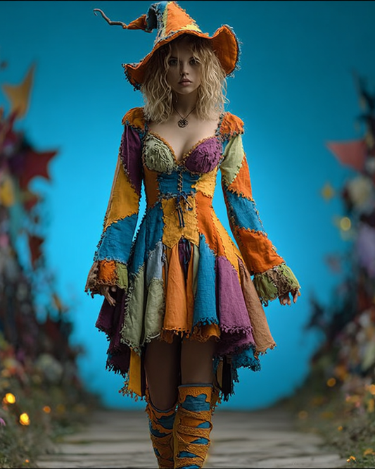 Halloween Themed Contrast Patchwork Irregular Witch Dress fa4b