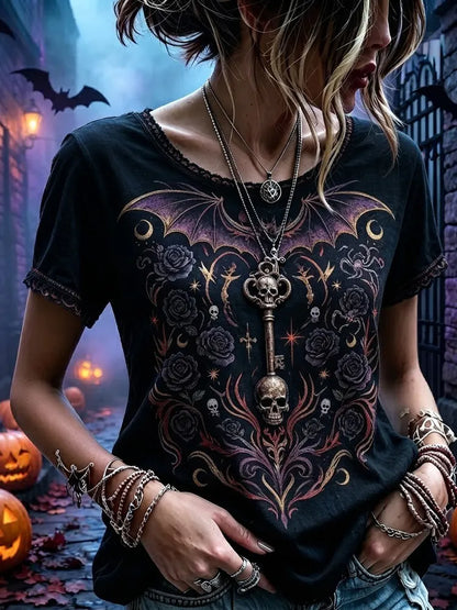 Women's Gothic Bat Wing, Rose & Skull Graphic Short Sleeve T-shirt