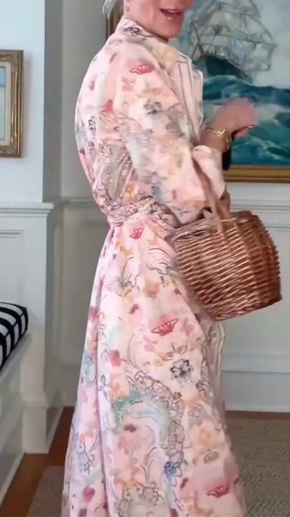 Pink Floral Print Shirt Maxi Dress