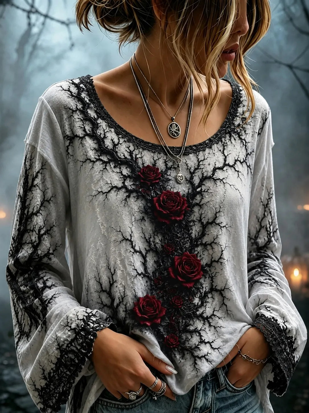 Women's Retro Halloween Rose Art Crew Neck Long Sleeve Top