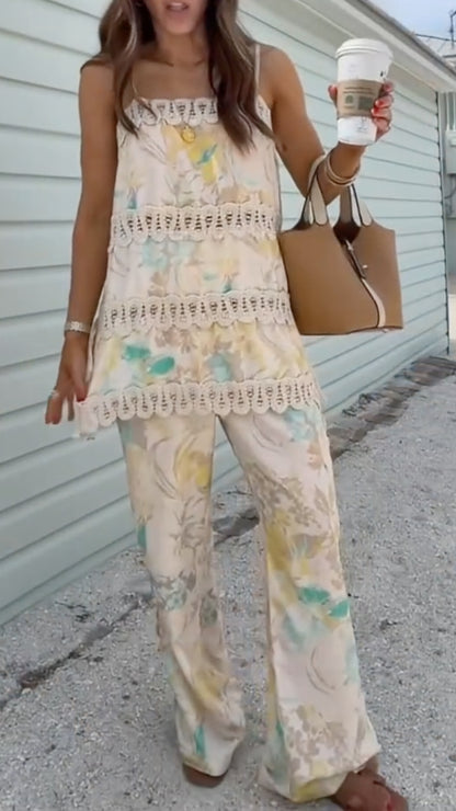 Women's Watercolor Floral Lace Patchwork Cami Top & Wide Leg Pants Set