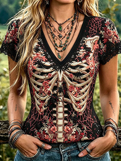 Women Vintage Gothic Floral Skeleton Rib Cage Embroidery Short Sleeve Top