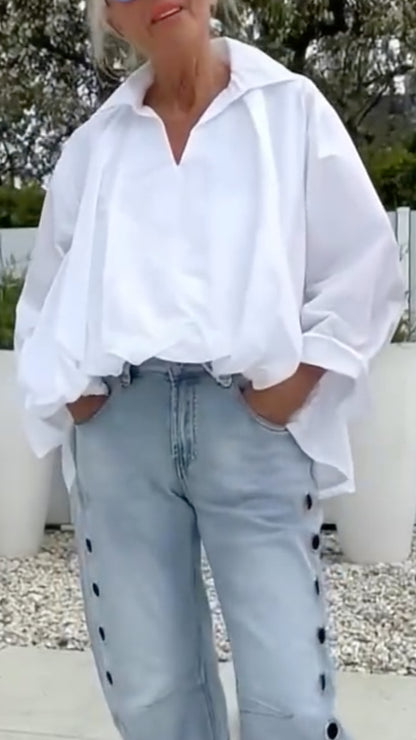 Oversized V‑Neck Shirt & Eyelet‑Detail Cropped Jeans Co‑Ord Set