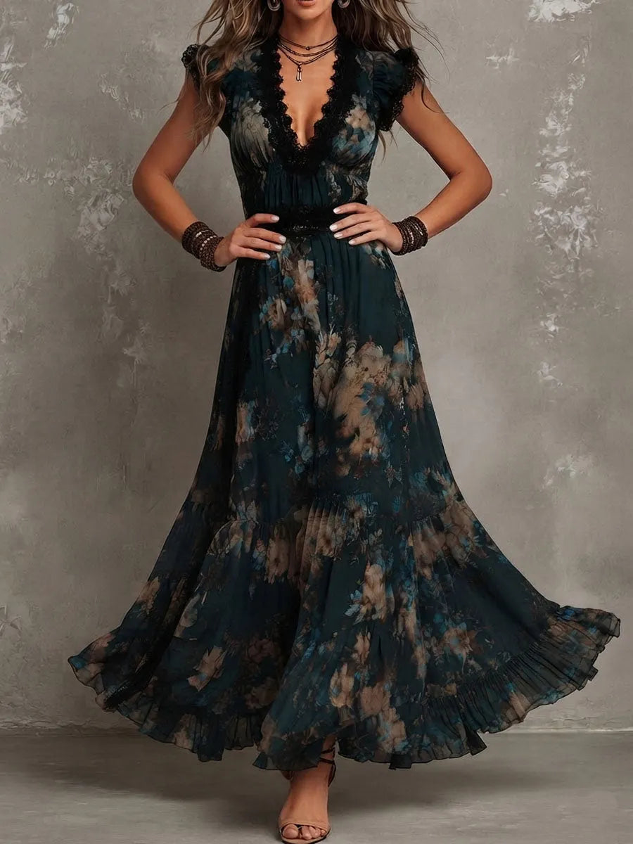 Vintage Dark Green Floral Lace-trimmed Chiffon maxi Dress