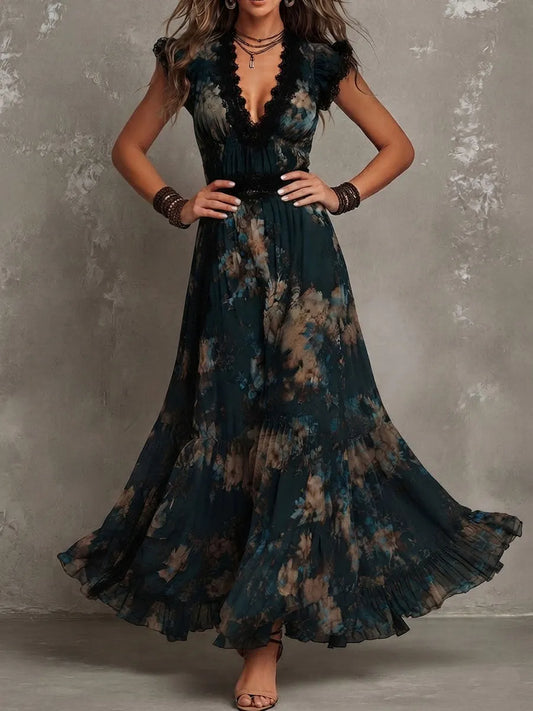 Vintage Dark Green Floral Lace-trimmed Chiffon maxi Dress