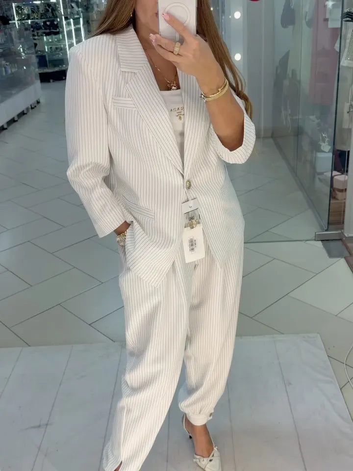 Pinstripe 3/4 Sleeve Blazer & Jogger Pants Co‑Ord Set
