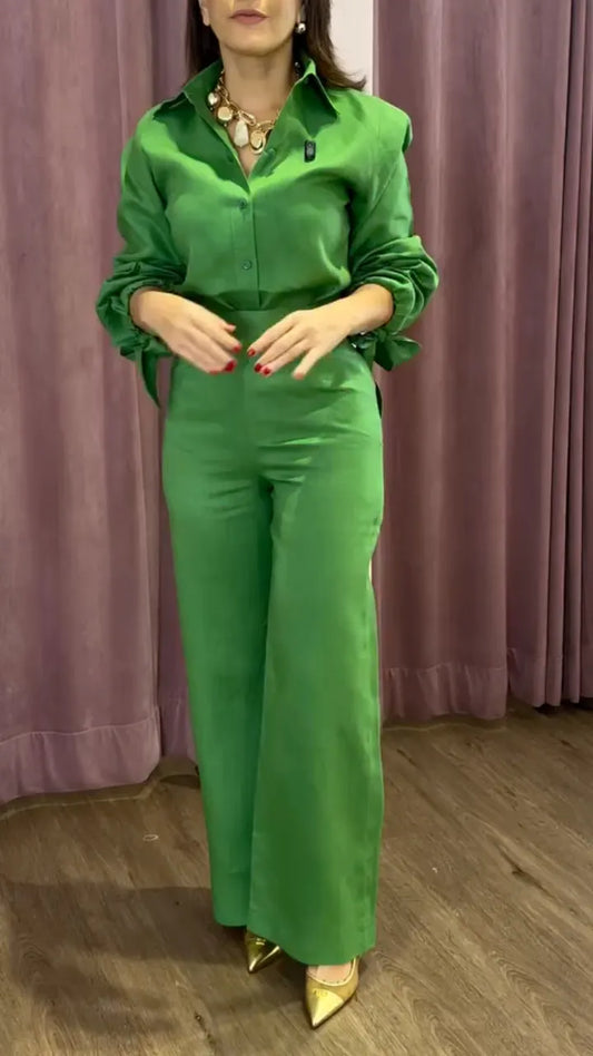 Green Satin Button-Down Shirt and Wide Leg Pants Setetts Setet