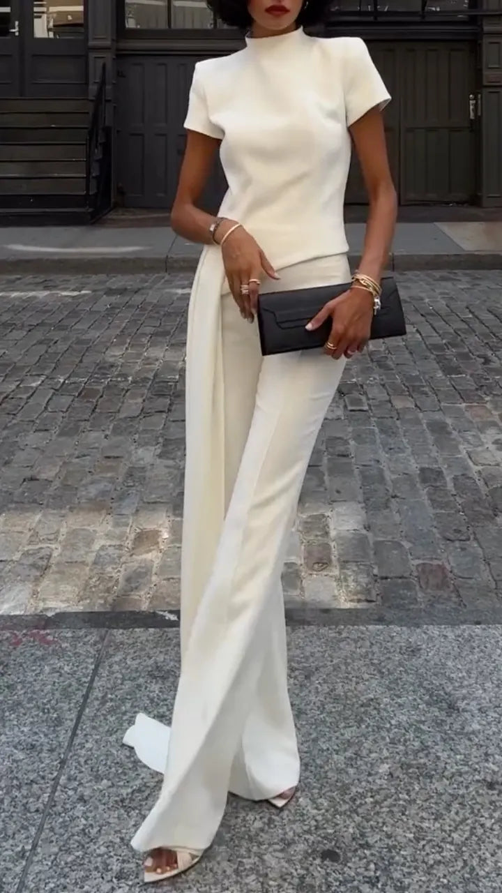 White High-Neck Cape Detail Suit Set