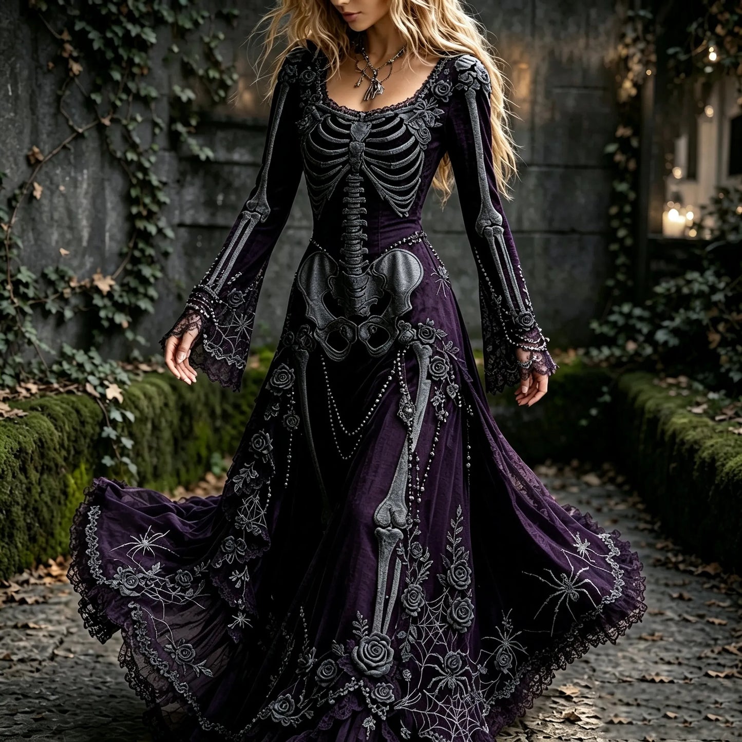 Women's Retro Gothic Spider Skull Floral Pattern Mixi Halloween Dress