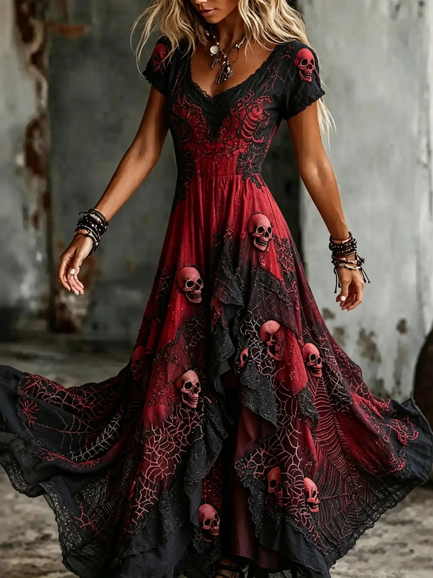 Women's Retro Gothic Skull Lace Gradient Pattern Print Short-sleeve Mixi Dress
