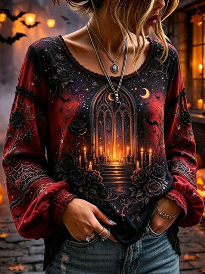 Women's Gothic Archway Rose And Bat Print Long Sleeve Blouse