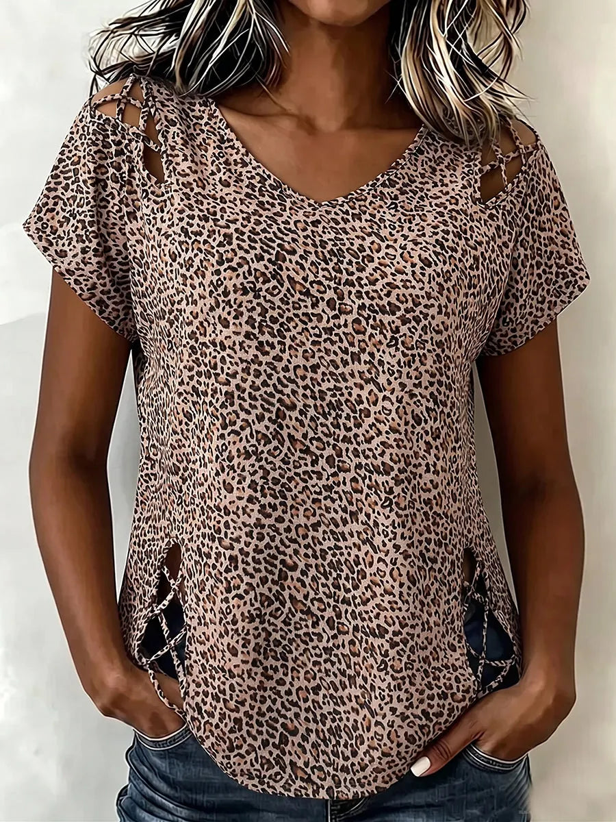 Relaxed Casual Leopard-print Cut-out Cotton Top