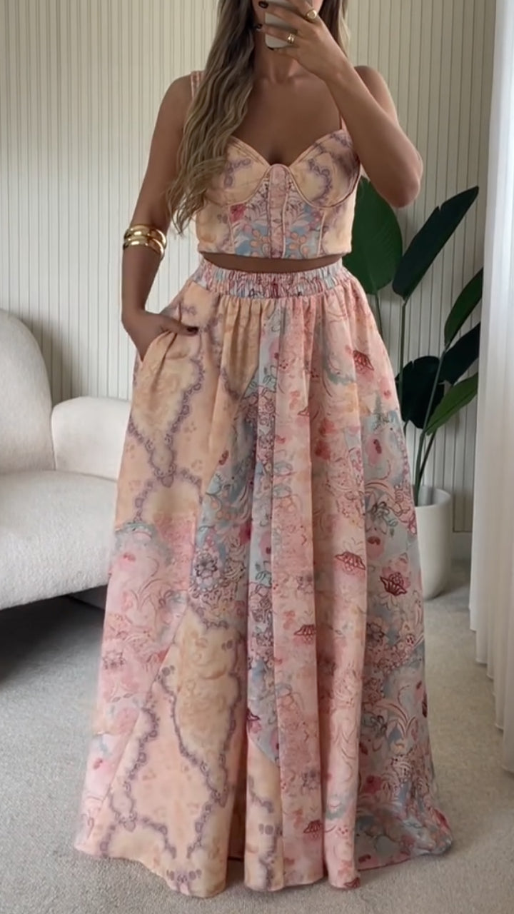 Pastel Floral Corset Top & Maxi Skirt Co-Ord Set