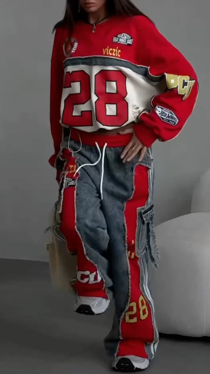 Denim Patchwork Racing Sweatshirt & Pants Co-Ord Set