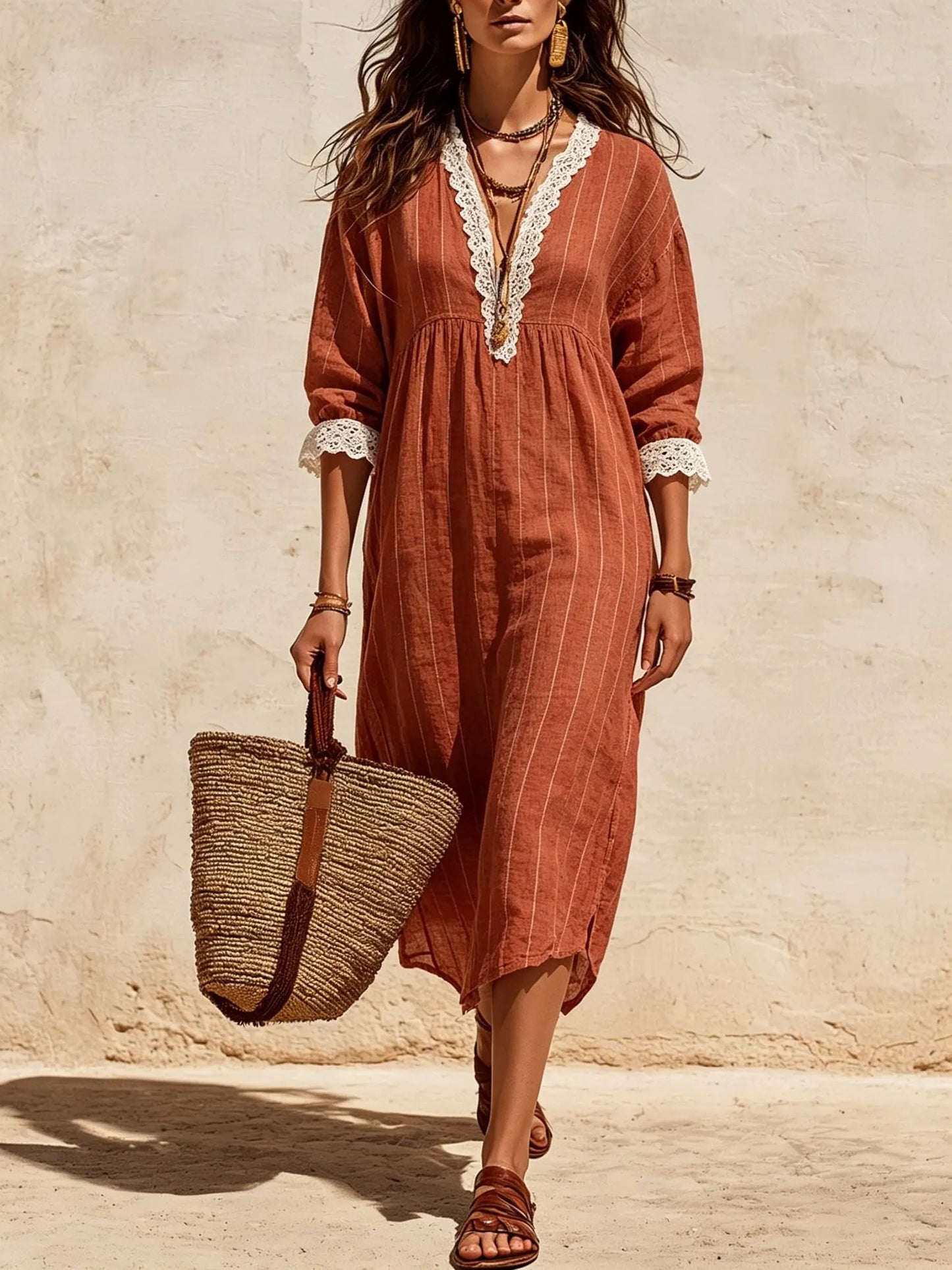Women's Striped V-Neck Lace-Trim Midi Dress