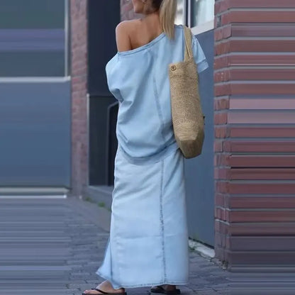 Off-Shoulder  Top & Front-Slit Maxi Skirt Set