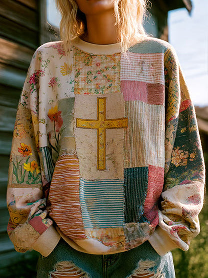 Women's Cross Floral Patchwork Cozy Sweatshirt