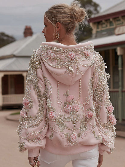 Women's Vintage Rose Pearl Embroidery Comfortable Warm Hoodie