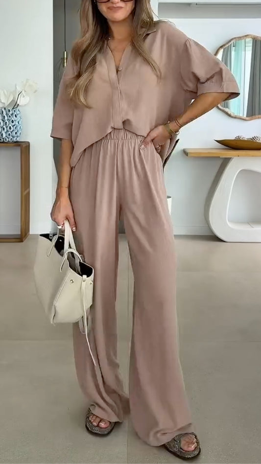 Beige Linen-Blend Two-Piece Co-Ord Set