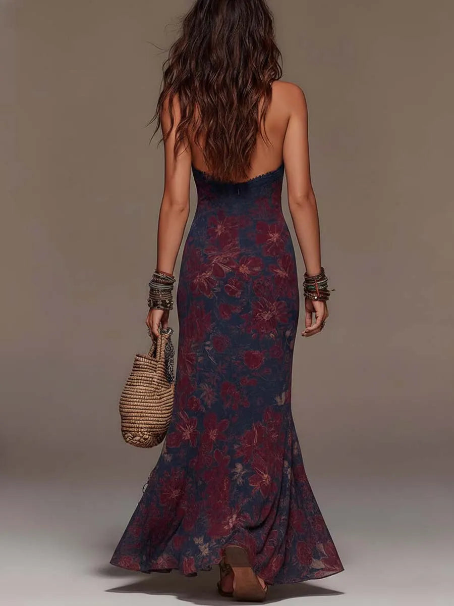 Retro Lace Halterneck Floral Fishtail Maxi Dress