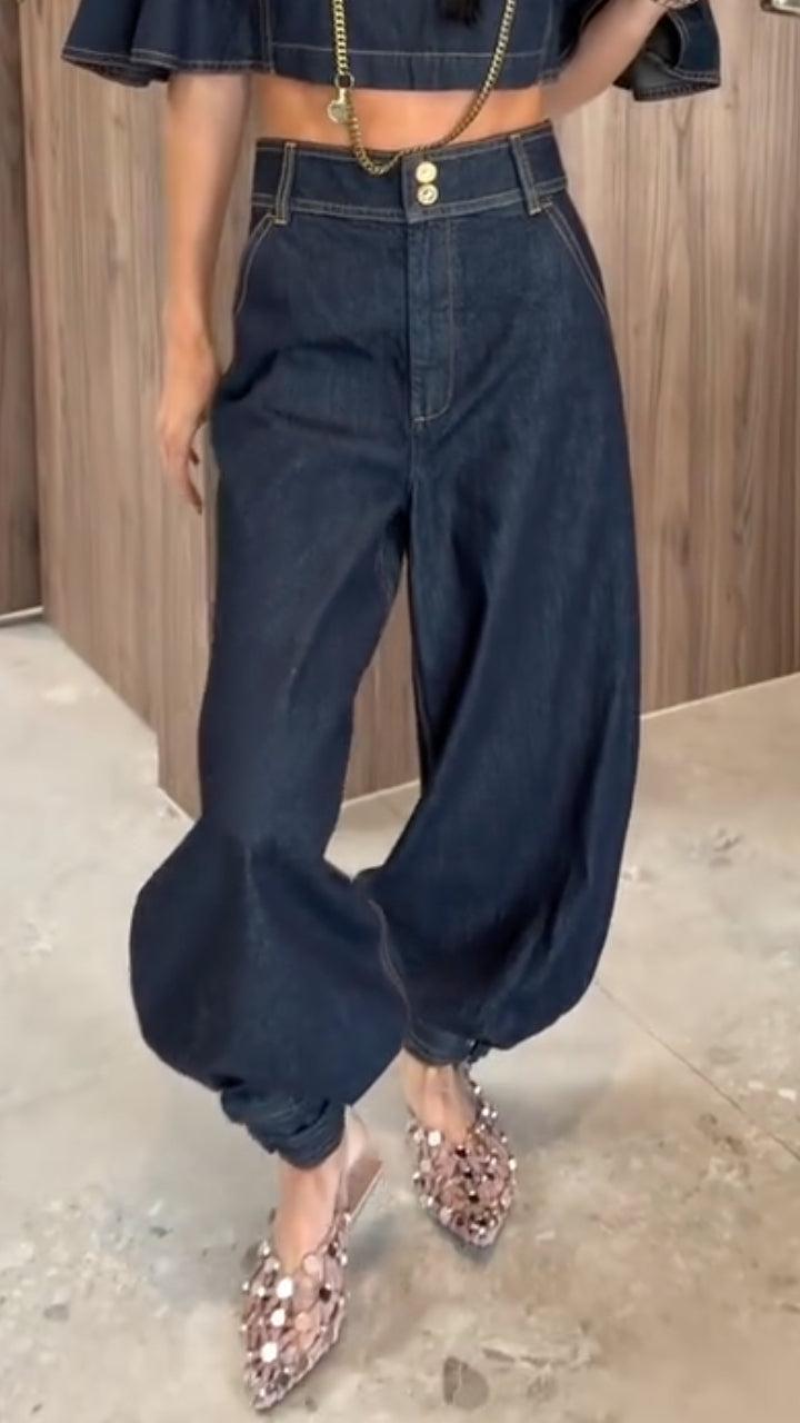 Dark Denim Cropped Top & Barrel Pants Set