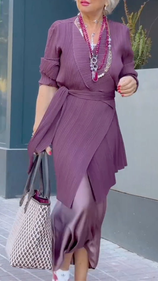 Purple Pleated Wrap Tunic & Satin Skirt Co-Ord Set