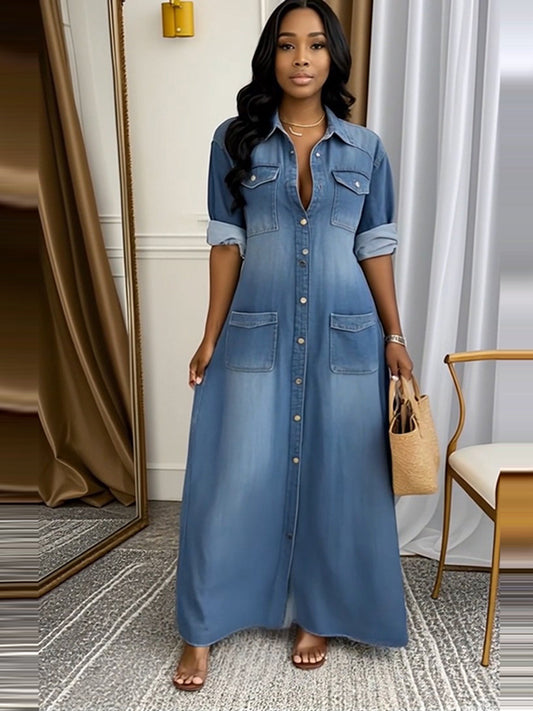 Blue Button-Front Maxi Shirt Dress