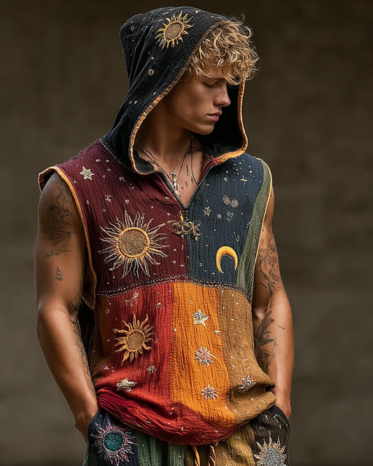 Men's star and moon embroidered rainbow contrast top e27a