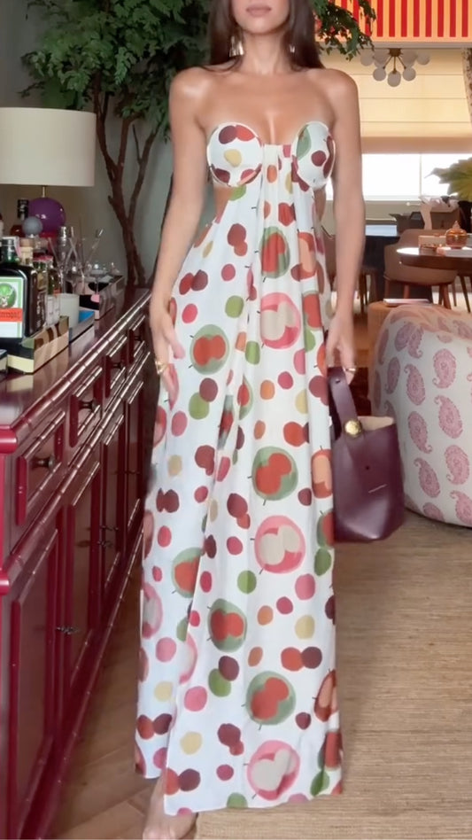 Strapless Cherry Print Maxi Dress