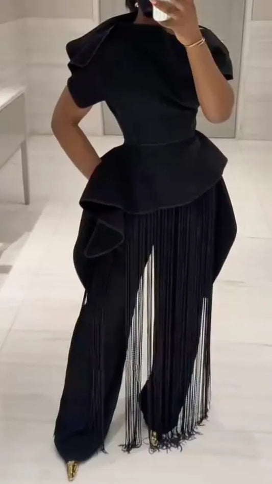 Black Peplum Top & Fringe Pants Co-Ord Set