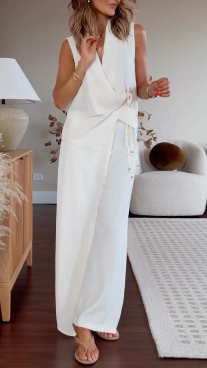 White Sleeveless Wrap Tie Vest & Wide Leg Pant 2 Piece Set